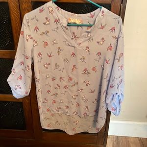 Pink Rose tunic, light blue with hummingbirds